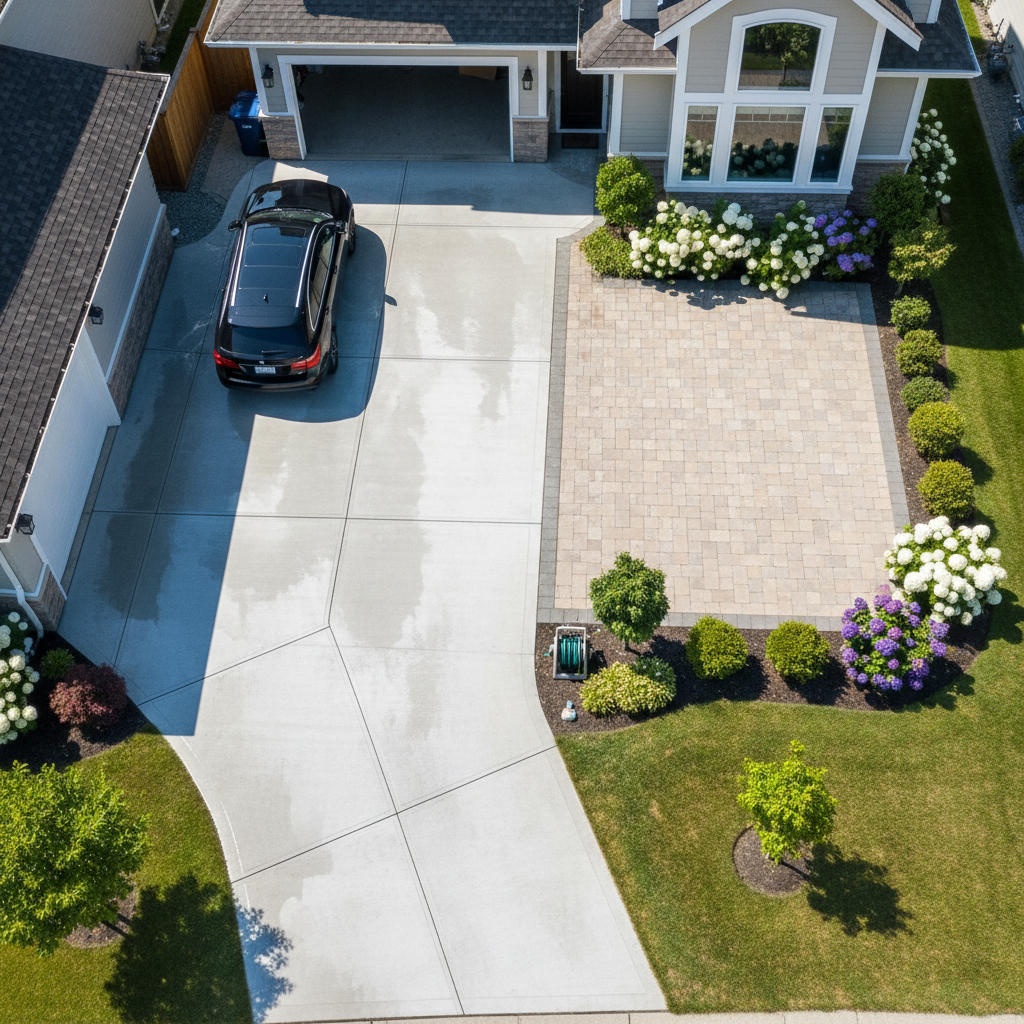 Aerial view of a beautifully clean residential driveway and patio after professional jet washing, spotless concrete and stone pavers
